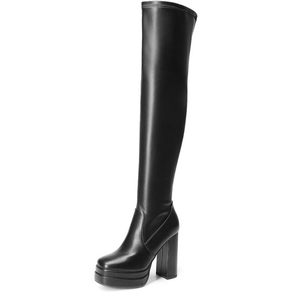 Women's Black Polyurethane (PU) Square Toe Over The Knee Thigh High Long Boots - Picture 1 of 7